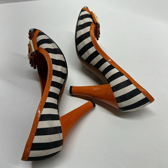 Moschino High Heels Heeled Shoes Peep Toe Bow Striped Black White Orange Size 8 - Picture 7 of 10